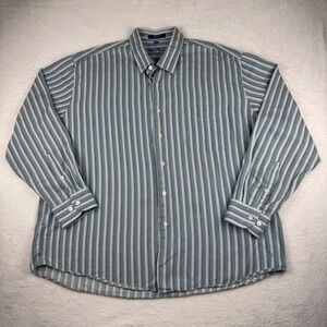 Alan Flusser Button Down‎ Shirt Mens XXL Green Blue Striped Long Sleeve Cotton
